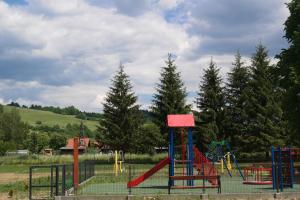 um parque infantil com um escorrega vermelho e azul em Hotel BIESZCZADski Wańkowa em Wańkowa