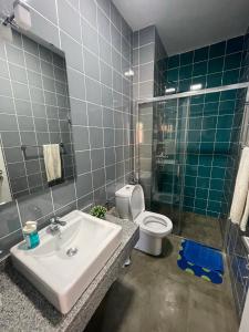 La salle de bains est pourvue d'un lavabo, de toilettes et d'une douche. dans l'établissement Tia Nita Apartamentos, à Mindelo