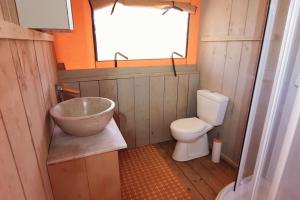 a bathroom with a sink and a toilet at Luxe Safari Lodge Glamping Louloudia in Pitsidia