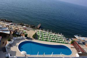 an aerial view of a swimming pool next to the ocean at Hotel Cavalluccio Marino in Santa Marinella