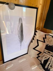 a picture of a feather in a frame next to a pillow at Maringotka Za humny in Rančířov