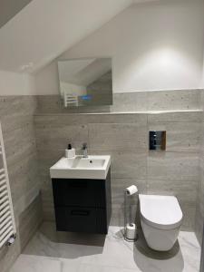 a bathroom with a white sink and a toilet at Strother's Townhouse in Berwick-Upon-Tweed