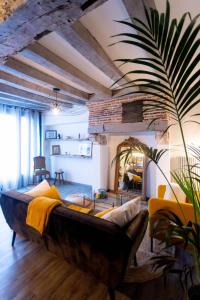 een woonkamer met een bank en een palmboom bij La Tour aux Grains chambres autonomes in Romorantin