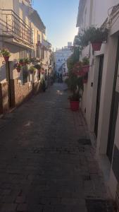 een leeg steegje met gebouwen en potplanten bij Andalusisches Altstadt-Haus Estepona in Estepona