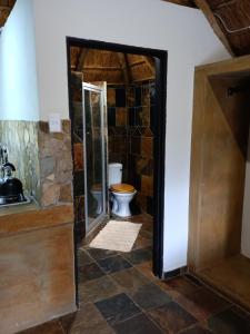 a bathroom with a toilet and a glass door at Unique Overnight Polokwane in Polokwane