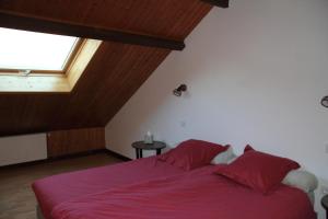 a bedroom with a bed with red sheets and a window at maison de marie in Doussard