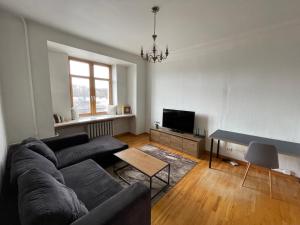 A cozy apartment with a wonderful view of the river in the old town of Vilnius في فيلنيوس: غرفة معيشة مع أريكة وتلفزيون