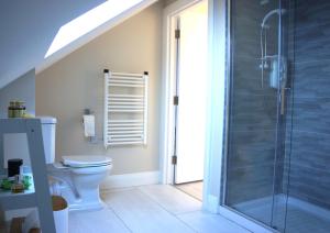 a bathroom with a toilet and a glass shower at Àit Sèan Òg - 2bedroom self catering apartment 