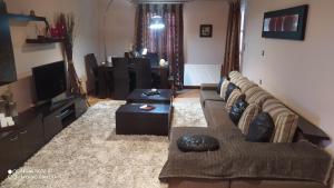 uma sala de estar com um sofá e uma televisão em Theodora's home em Kýthira