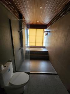 a bathroom with a toilet and a walk in shower at AURA HOTEL in Angeles