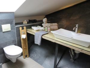 a bathroom with a sink and a toilet at Ferienwohnung Lichtspiel - a58017 in Peiting