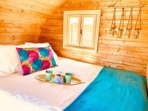 a bedroom with a bed with a tray of food on it at Amani Suite con Jacuzzi piscina y naturaleza in Buzanada