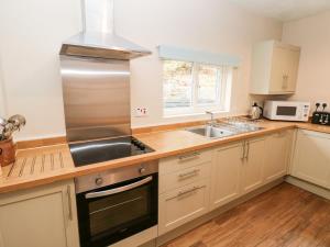 a kitchen with a sink and a stove top oven at Red Kite in Llanwinio