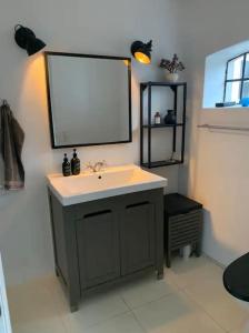 a bathroom with a sink and a mirror at Tinghøjgaard - Eksklusiv Gæstebolig in Fredensborg