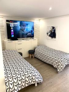 a bedroom with two beds and a flat screen tv at Magnifique appartement les pieds dans l’eau à Nice in Saint-Laurent-du-Var