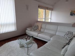 a living room with a couch and a table at Villa Kilpäkki in Pori