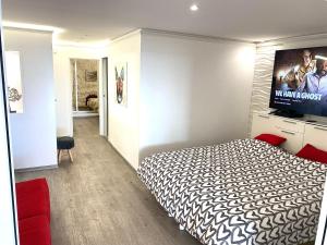1 dormitorio con 1 cama y TV de pantalla plana en Magnifique appartement les pieds dans l’eau à Nice, en Saint-Laurent-du-Var