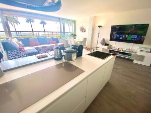 Televízia a/alebo spoločenská miestnosť v ubytovaní Magnifique appartement les pieds dans l’eau à Nice