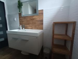 a bathroom with a white sink and a mirror at Prázdninový dům na Jižní Moravě in Kyjov