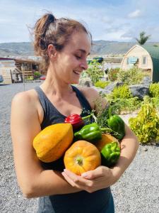 une femme détenant un groupe de fruits et légumes dans l'établissement Laurisilva love spa sauna y piscina, à Buzanada