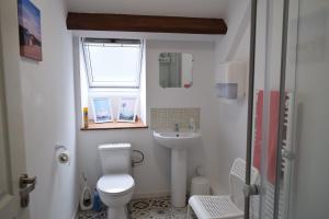 a small bathroom with a toilet and a sink at Appartement 3 chambres, Camping La Pointe in Châteaulin