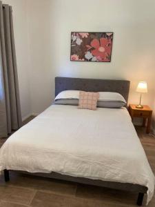 a bedroom with a large white bed with a pink pillow at Cosy Queenslander in the heart of town. in Mareeba