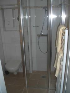 a bathroom with a shower and a toilet at Studioappartement Wegg Wilhelmstraße in Westerland (Sylt)
