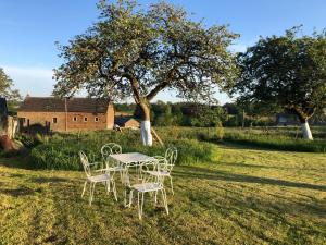 een tafel en stoelen in een veld met een boom bij La Barsouille in Barsy