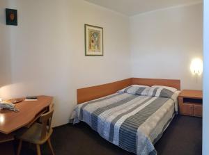 1 dormitorio con cama, mesa y escritorio en Hotel Alicja, en Łódź