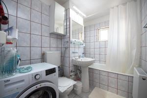 a bathroom with a washing machine and a sink at Apartament S46 in Roman