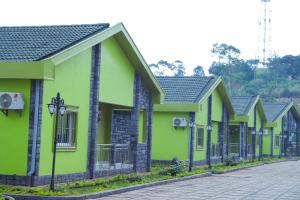 a row of green houses on a street at United Hotel in Mbankomo