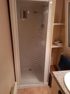 y baño con ducha y puerta de cristal. en Mobil-home camping 