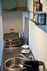 um balcão de cozinha com um lavatório e um fogão em B&B de Fruithof em Heteren