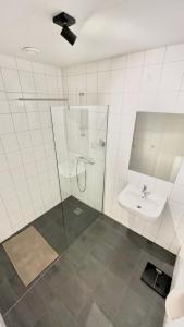 uma casa de banho com um chuveiro e um lavatório. em B&B de Fruithof em Heteren