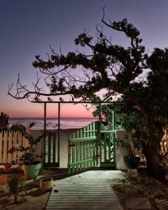 une porte verte avec vue sur la plage dans l'établissement Philoxenia, maison et table d'hôtes, à La Saline les Bains