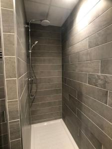 a bathroom with a shower with gray tiles at Studio zone piétonne à Saverne in Saverne