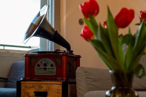 una radio roja en una mesa junto a un jarrón de flores rojas en Apartment Sundowner, en Zadar