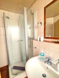 een badkamer met een douche en een wastafel bij Gästehaus Zum Weinbauer in Rhodt unter Rietburg