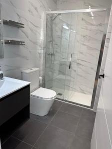 uma casa de banho com um WC e uma cabina de duche em vidro. em Apartamento Vigo Centro Puerta del Sol em Vigo