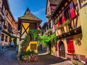 un callejón en un casco antiguo con edificios en Le cépage, au coeur des vignes. en Eguisheim