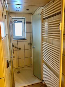 a bathroom with a shower and a glass door at Auszeit - a84018 in Mengersgereuth-Hämmern