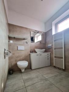 Łazienka z białą toaletą i umywalką w obiekcie Spacious apartment near hockey and football arena w mieście Trnávka
