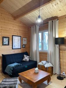 a living room with a blue couch and a table at Ô Village in Giromagny