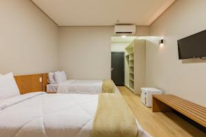 安东尼奥帕拉多Tri Hotel Antônio Prado的一间有两张床和一台电视的酒店房间