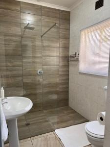 a bathroom with a shower with a sink and a toilet at Ataria Place in Cradock