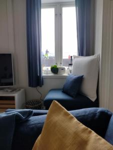 a living room with a blue couch and a window at Light home apartment Alesund with free parking in Ålesund