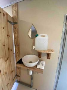 uma casa de banho com um lavatório branco e um espelho. em La cabane familiale em Champdieu