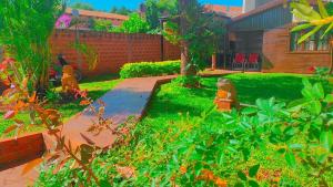 einen Hinterhof mit einem Garten mit einem Hydranten im Gras in der Unterkunft Cabaña Teresita in Puerto Iguazú