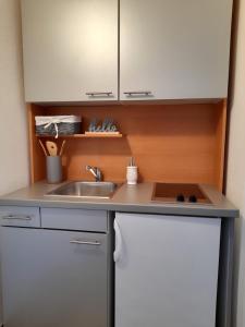 uma pequena cozinha com um lavatório e um balcão em Apartments M GREGOR ideal for relaxing holidays em Baška