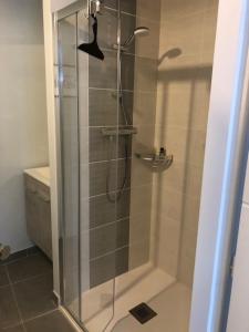 W łazience znajduje się prysznic ze szklanymi drzwiami. w obiekcie L'Azalée d'Eden w mieście Saint-Jean-de-Monts